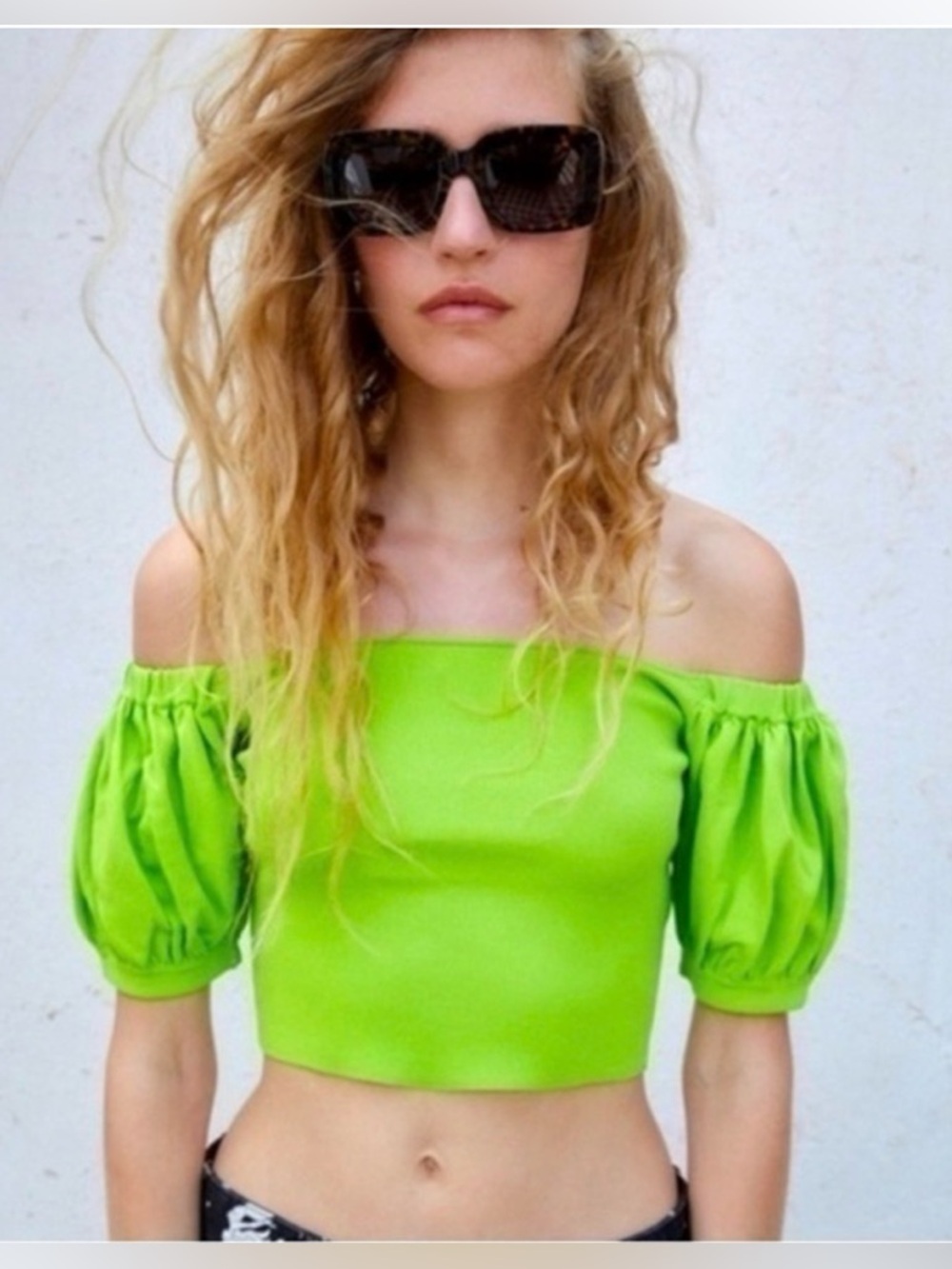 Zara Puff Sleeve Knit Crop Top Small Lime Green Vacay Bright Neon Statement Chic